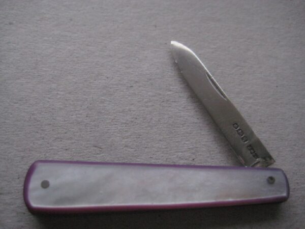 Rare George V Purple Edged Mother of Pearl Hafted Silver Bladed Folding Fruit Knife SK126